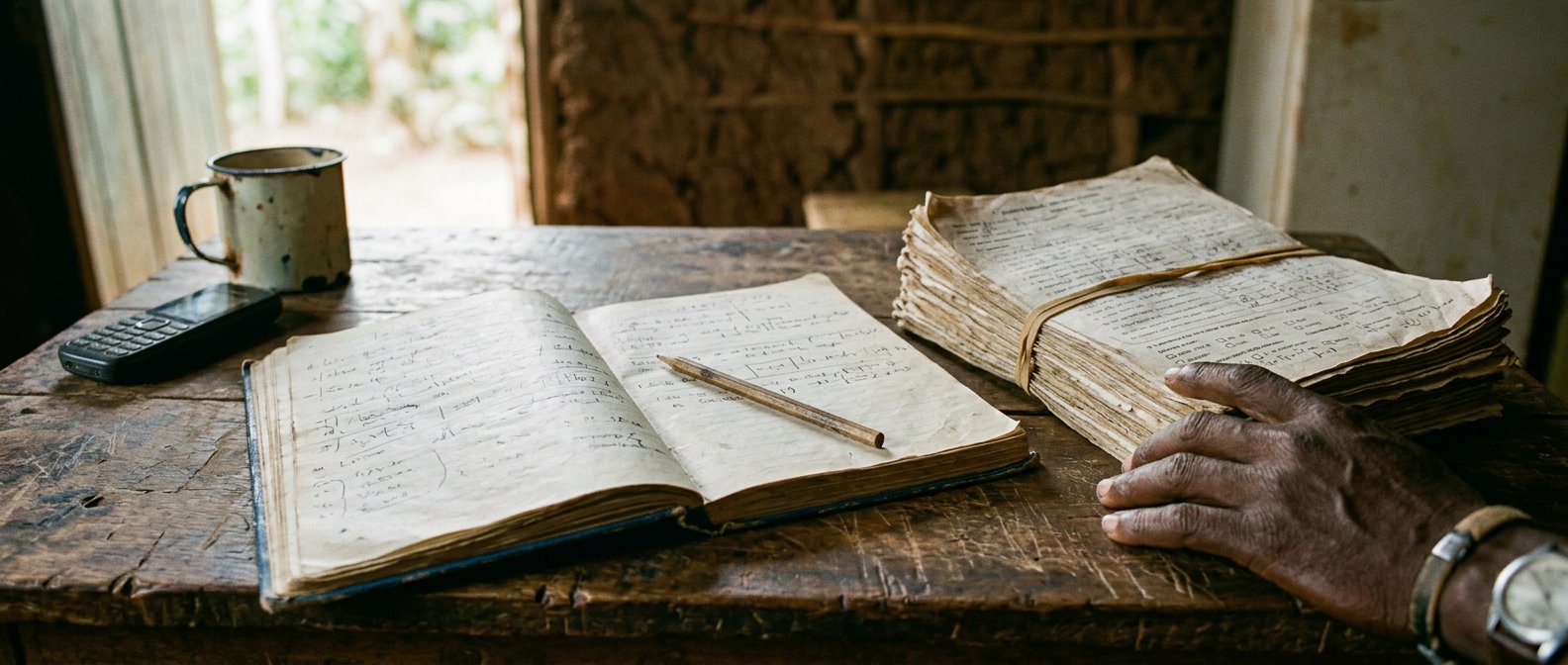 A worn notebook, a pencil and a bundle of paper survey forms on a wooden table