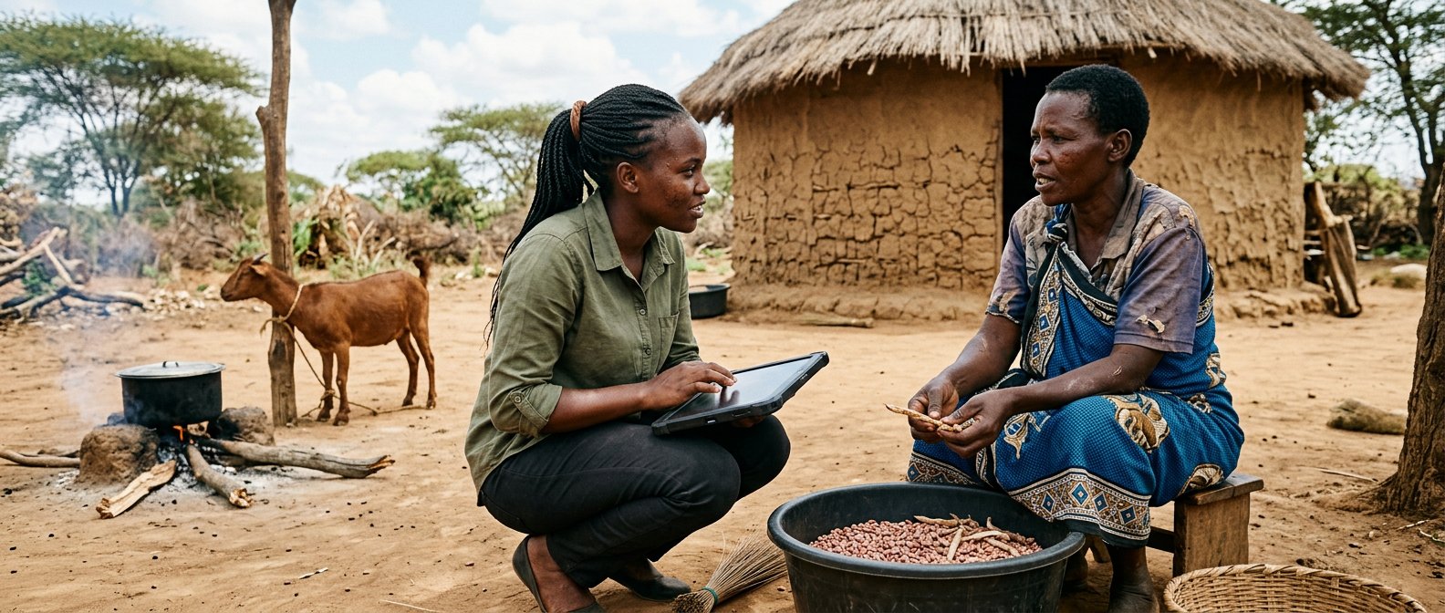 A field officer records a household interview on a tablet in a rural compound